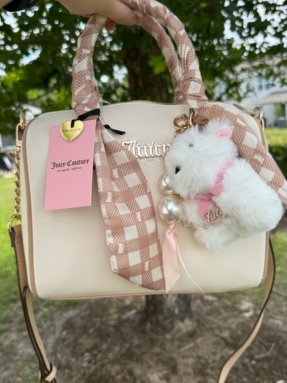 Juicy Couture Ivory Bowler Satchel Crossbody Bag Teddy Charm NWT Y2K New Cute